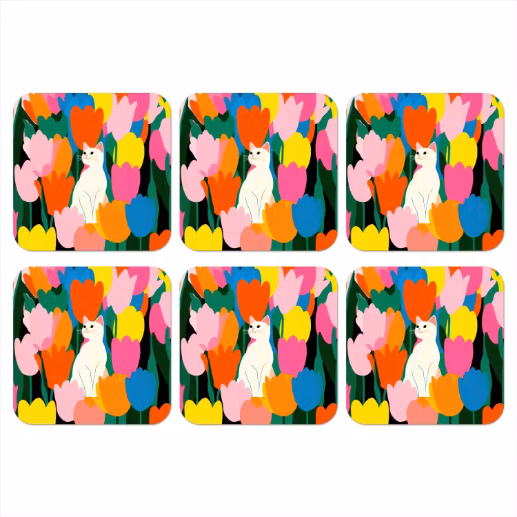 Tulpen - Kat - Kleurrijk onderzetter kurk middel -3d
