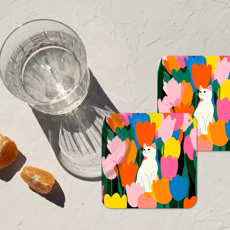 Tulpen - Kat - Kleurrijk onderzetter kurk middel -sfeer4