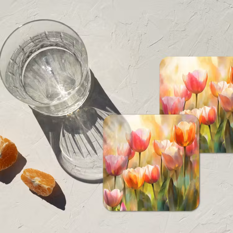 Tulpen - Sprookjesachtig - Kleurrijk onderzetter kurk middel -sfeer4