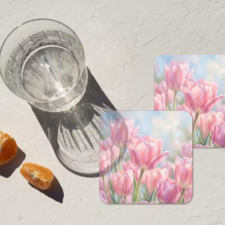 Tulpen - Veld - Lente - Roze onderzetter kurk middel -sfeer4