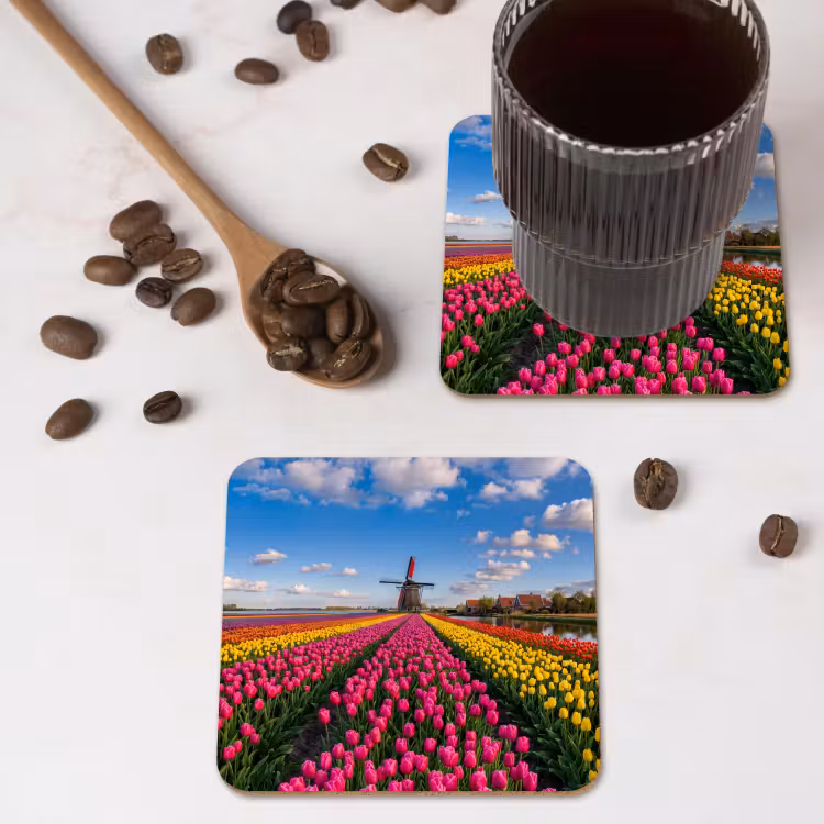 Tulpen - Holland - Molen - Kleurrijk onderzetter kurk middel -sfeer2