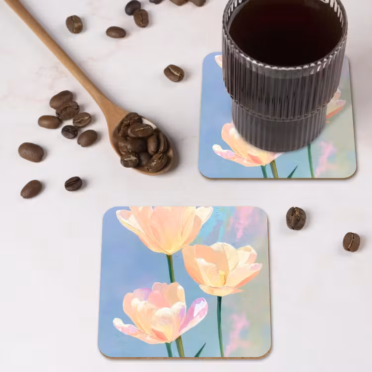 Tulpen - Roze accenten - Blauw onderzetter kurk middel -sfeer2