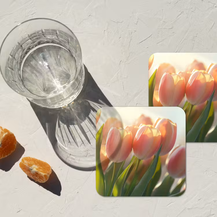 Tulpen - Roze - Zonnestralen onderzetter kurk middel -sfeer4