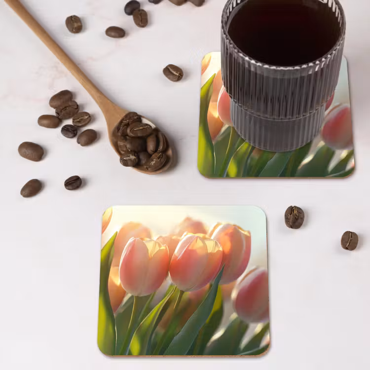 Tulpen - Roze - Zonnestralen onderzetter kurk middel -sfeer2