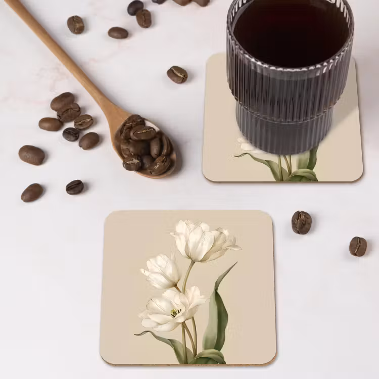 Tulpen - Wit - Bladeren onderzetter kurk middel -sfeer2