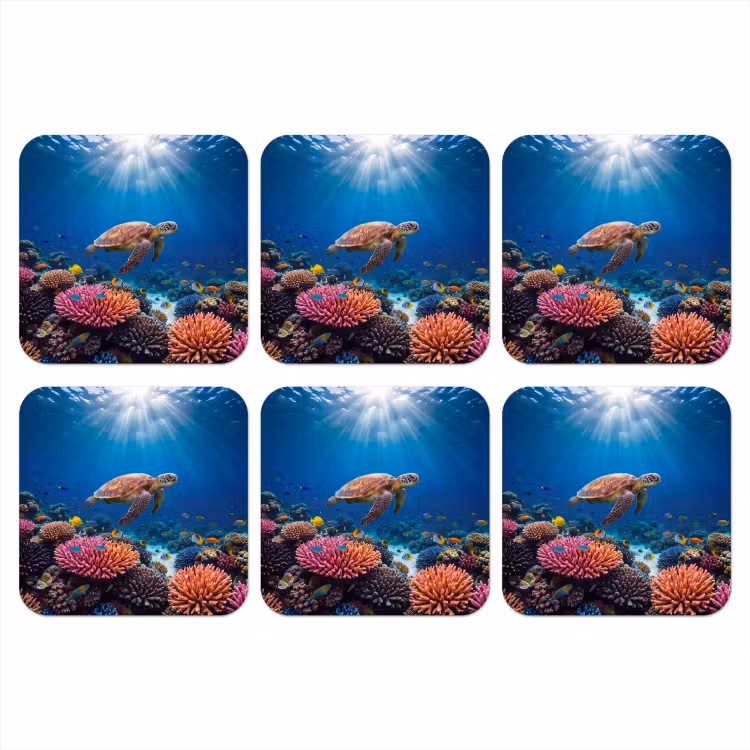 Schildpad - Koraalrif - Oceaan - Dieren - Blauw onderzetter kurk middel -3d