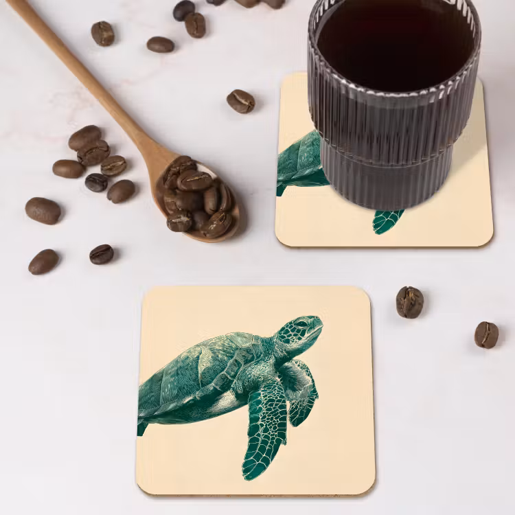 Schildpad - Sierlijk - Groen - Schild onderzetter kurk middel -sfeer2
