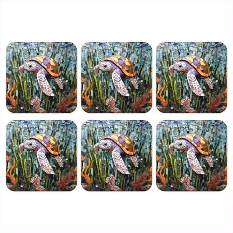 Schildpad - Zeewier - Mozaïek onderzetter kurk middel -3d