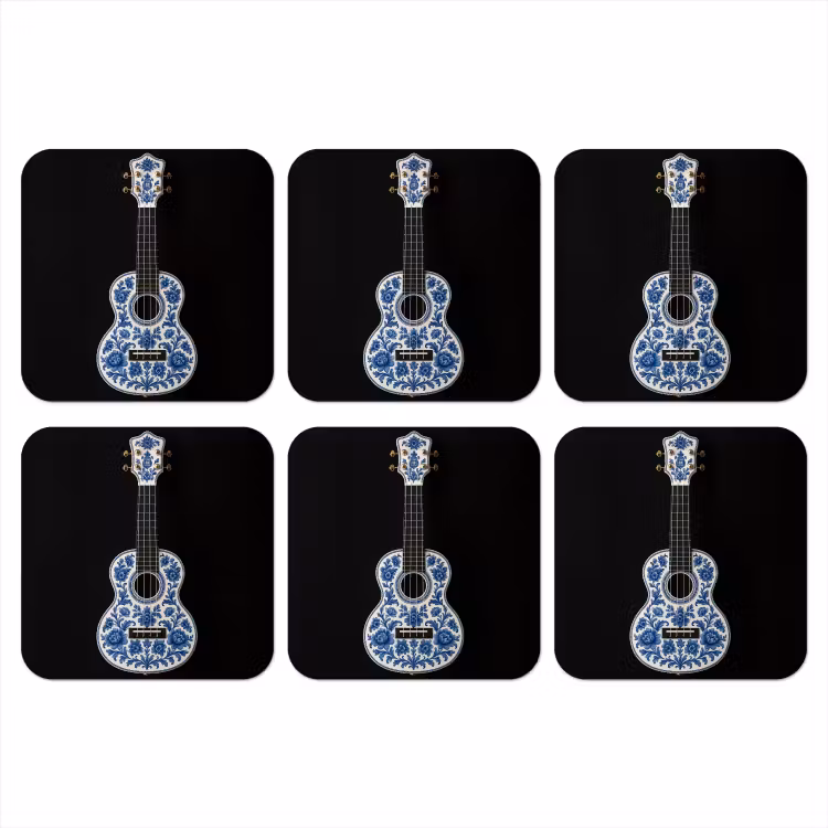 Ukelele - Delfts - Blauw - Muziek onderzetter kurk middel -3d