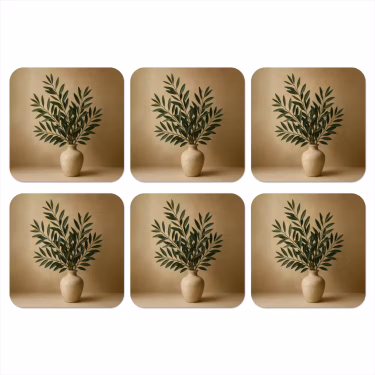 Vaas - Olijftakken - Bladeren - Beige onderzetter kurk middel -3d