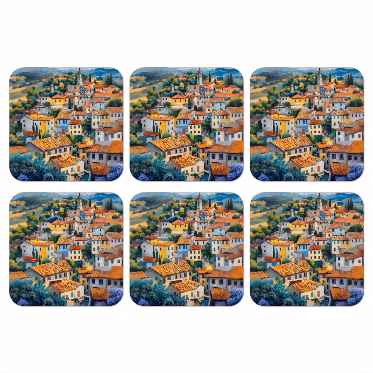 Dorp - Heuvels - Landschap - Bomen onderzetter kurk middel -3d