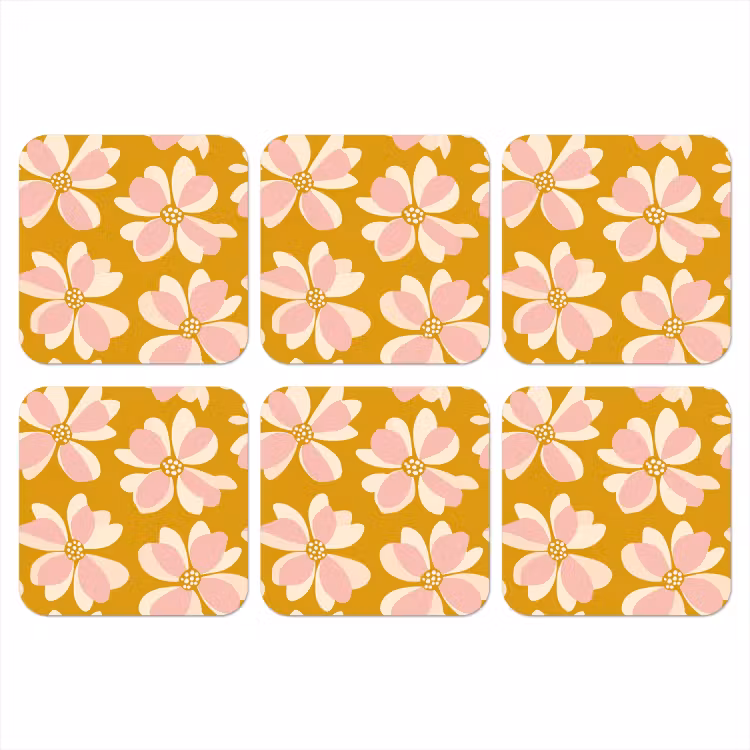 Vintage - Bloemen - Okergeel onderzetter kurk middel 366 -3d