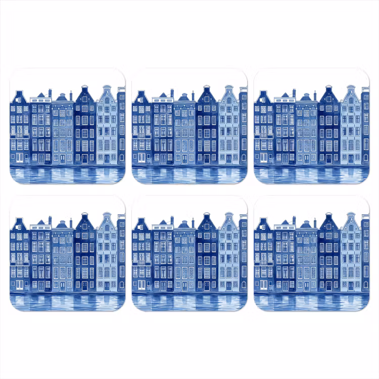 Aquarel - Grachtenpanden - Delfts - Blauw onderzetter kurk middel -3d