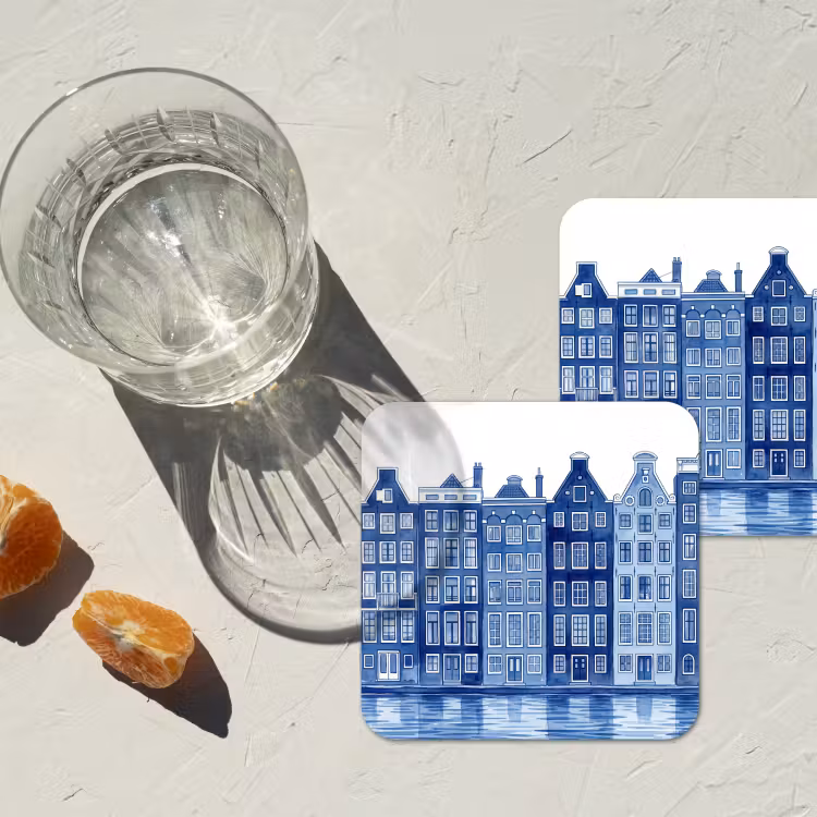 Aquarel - Grachtenpanden - Delfts - Blauw onderzetter kurk middel -sfeer4