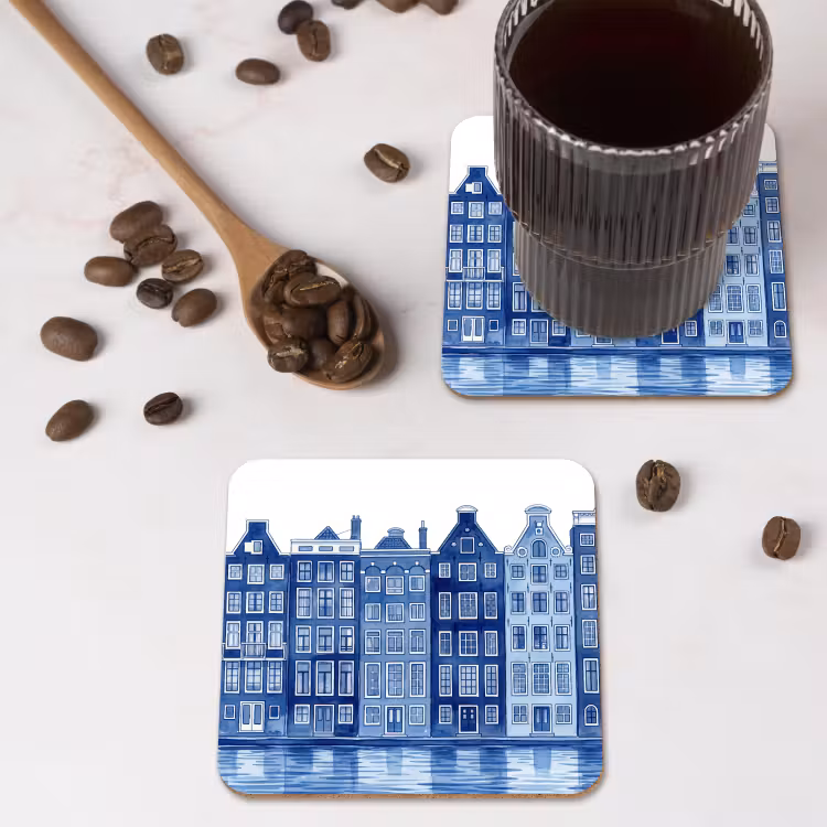 Aquarel - Grachtenpanden - Delfts - Blauw onderzetter kurk middel -sfeer2
