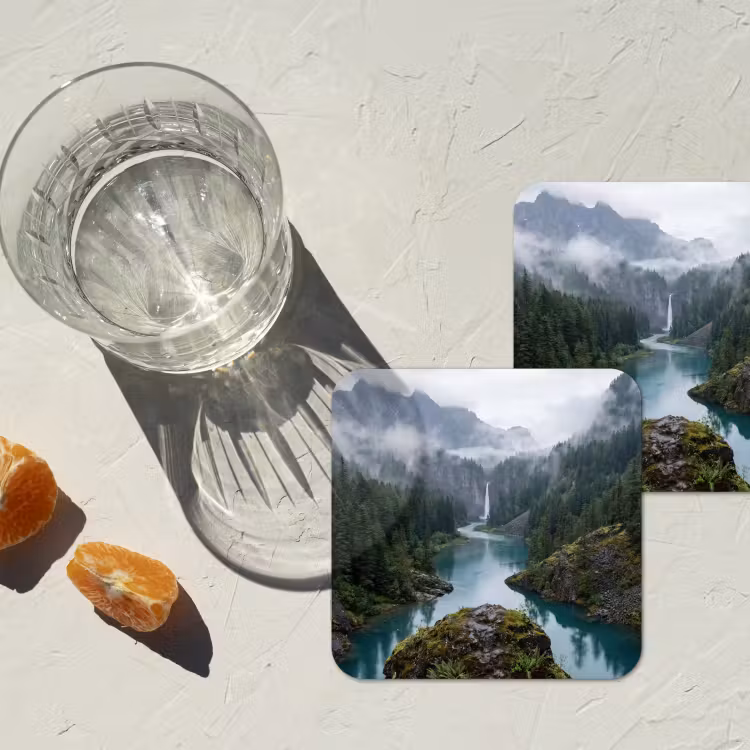 Waterval - Bomen - Bergen onderzetter kurk middel -sfeer4