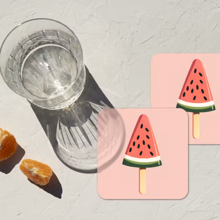 Watermeloen - Ijsje - Pitjes - Rood onderzetter kurk middel -sfeer4
