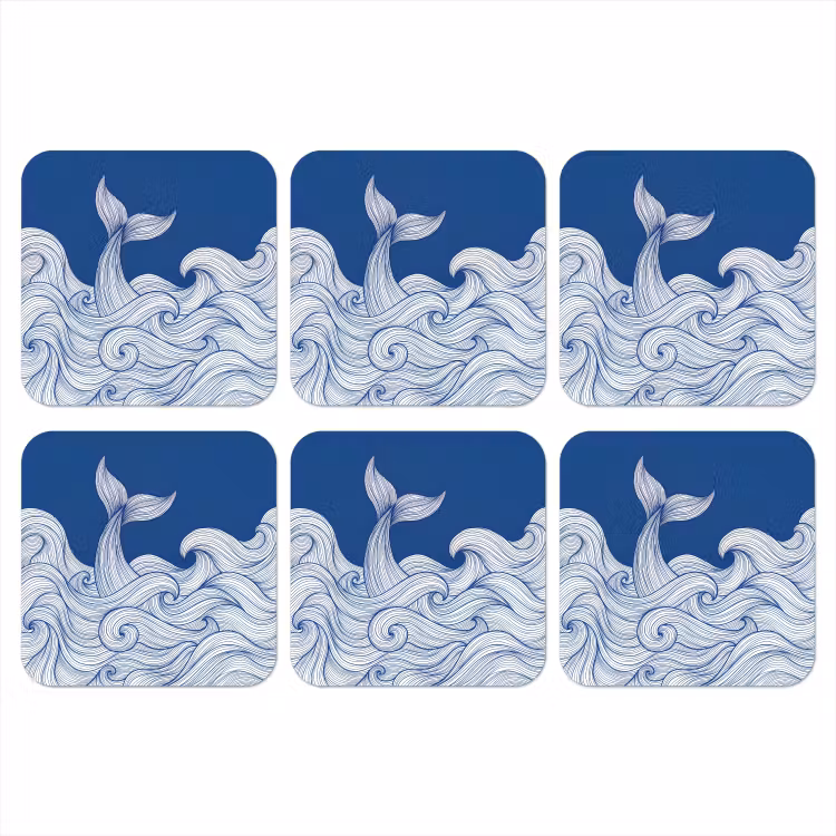 Walvis - Staart - Golven - Lijntekening - Blauw onderzetter kurk middel -3d