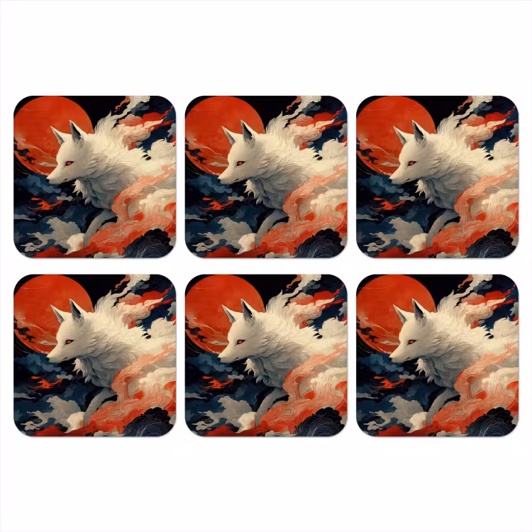 Witte vos - wolken - maan onderzetter kurk middel -3d