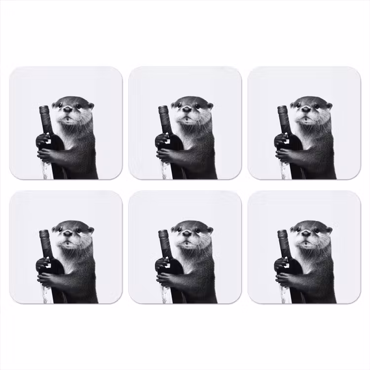 Wijnfles - Otter - Zwart onderzetter kurk middel -3d
