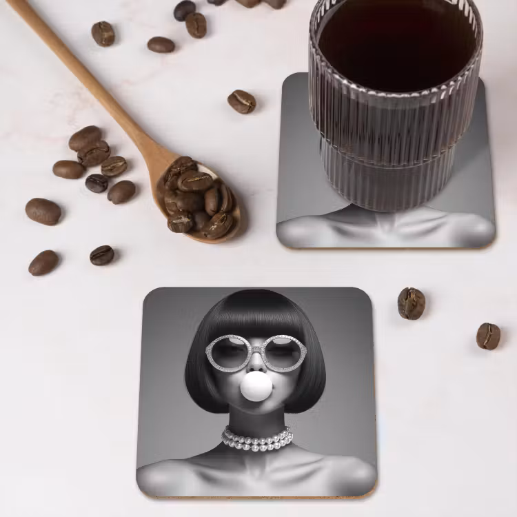 Vrouw - Zwart Wit - Ketting - Zonnebril onderzetter kurk middel -sfeer2