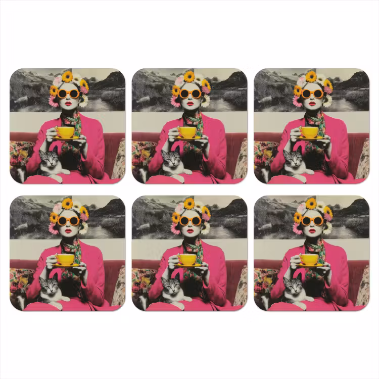 Vrouw - Kat - Bloemen - Kopje - Retro onderzetter kurk middel -3d