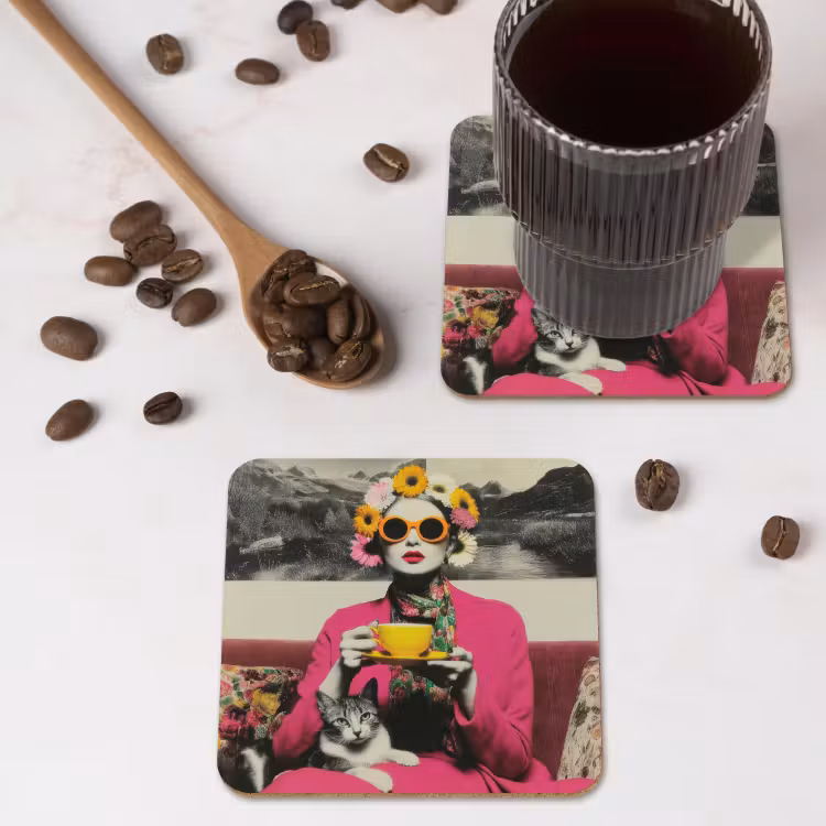 Vrouw - Kat - Bloemen - Kopje - Retro onderzetter kurk middel -sfeer2