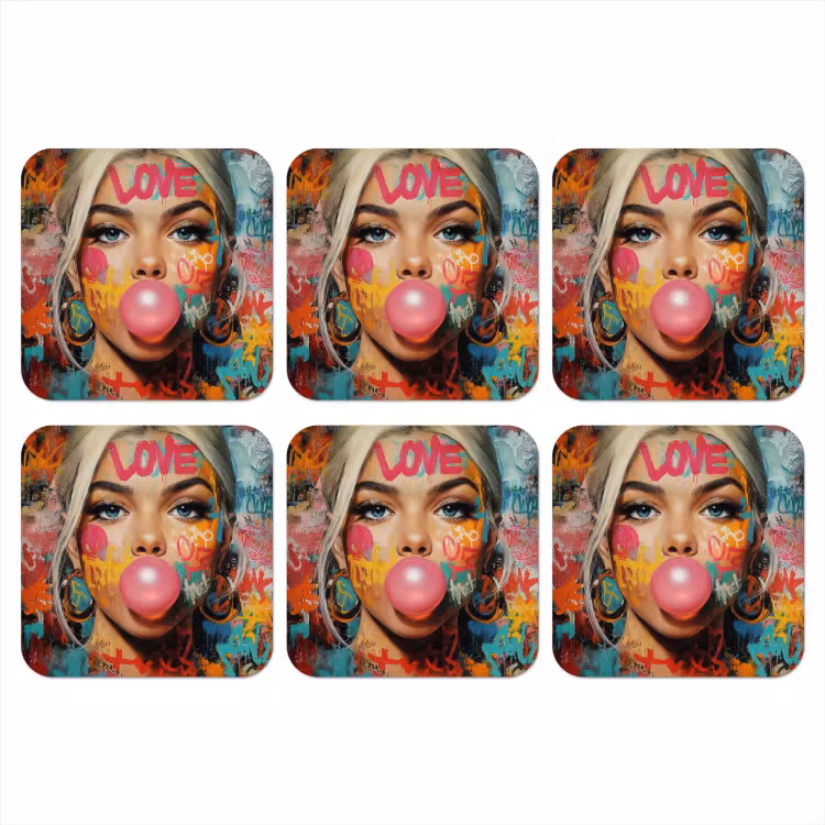 Vrouw - Kauwgom - Graffiti - Love onderzetter kurk middel -3d