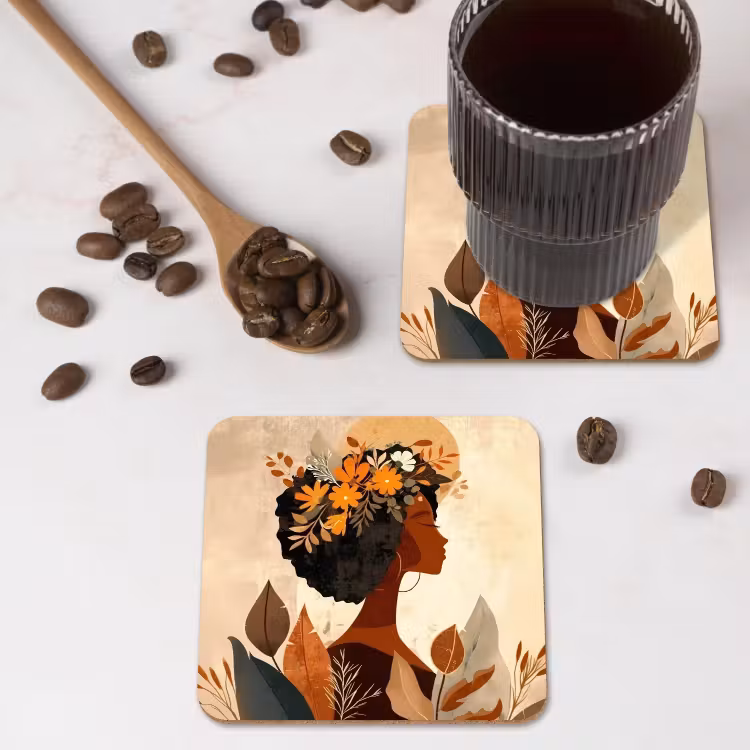 Vrouw - Krullen - Bloemen - Beige onderzetter kurk middel -sfeer2