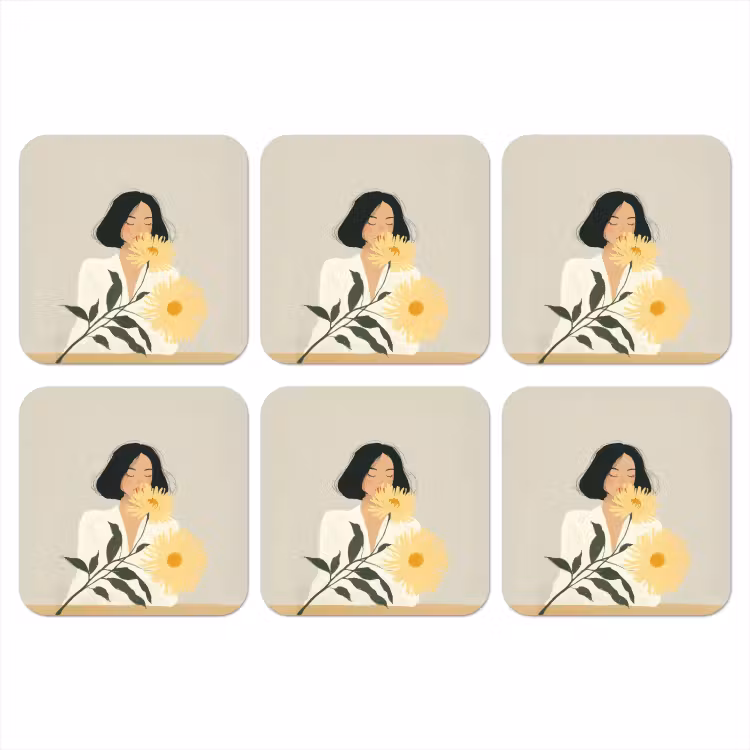 Vrouw - Bloem - Geel - Minimalistisch onderzetter kurk middel -3d