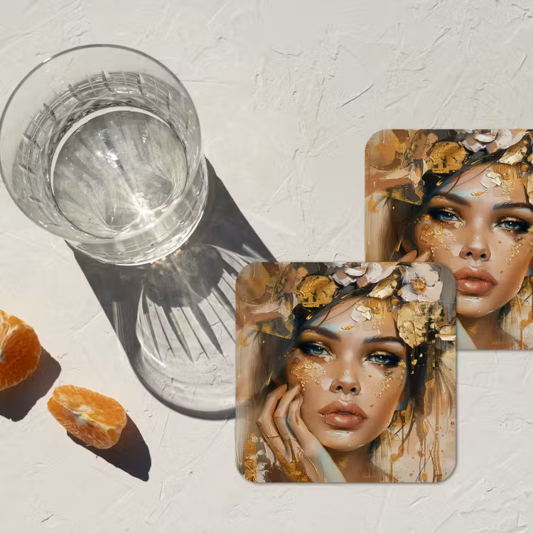 Vrouw - Bloemen - Goud - Portret onderzetter kurk middel -sfeer4