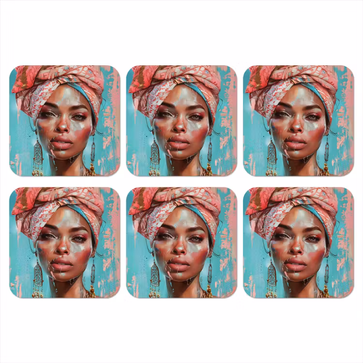 Vrouw - Portret - Blauw - Roze - Modern onderzetter kurk middel -3d