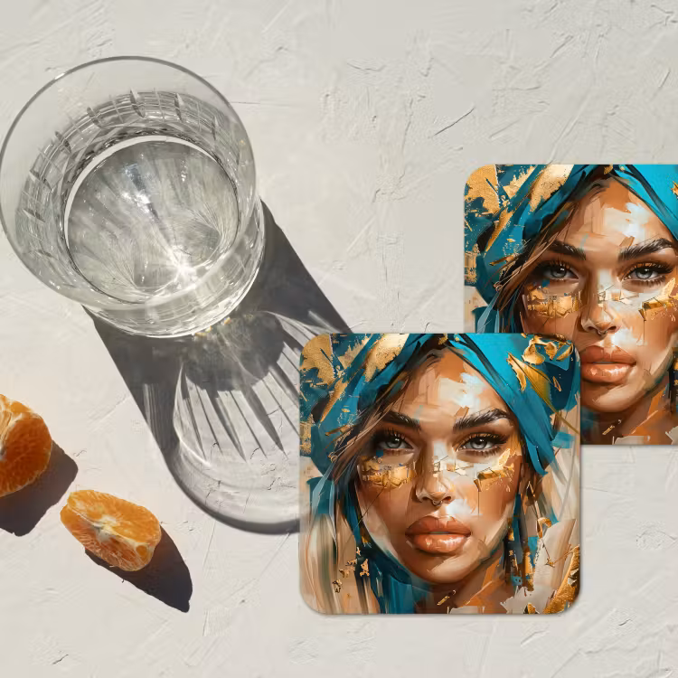 Vrouw - Portret - Goud - Luxe - Blauw onderzetter kurk middel -sfeer4