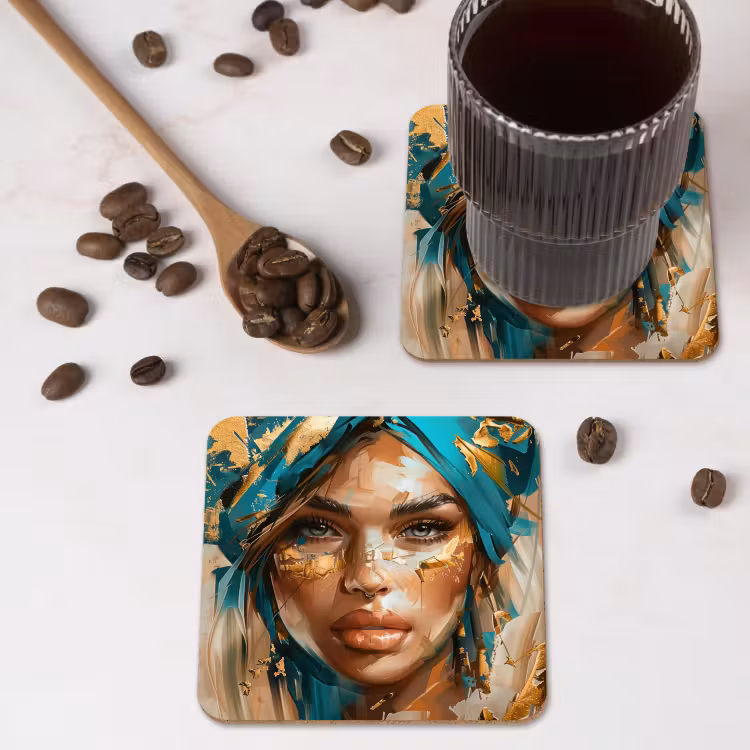 Vrouw - Portret - Goud - Luxe - Blauw onderzetter kurk middel -sfeer2