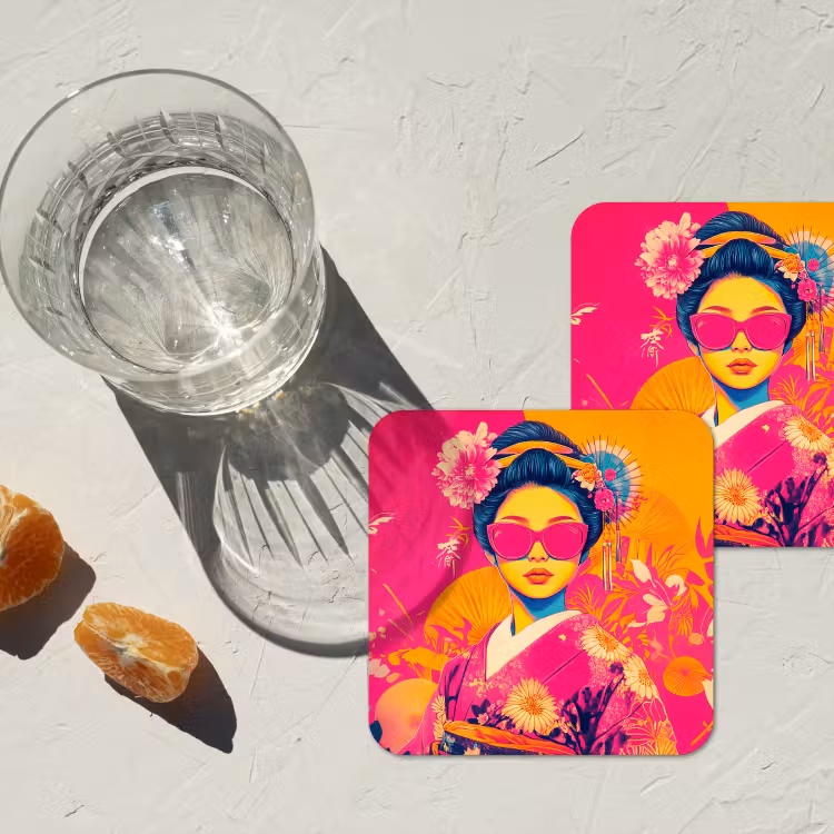 Vrouw - Zonnebril - Abstract - Oranje onderzetter kurk middel -sfeer4