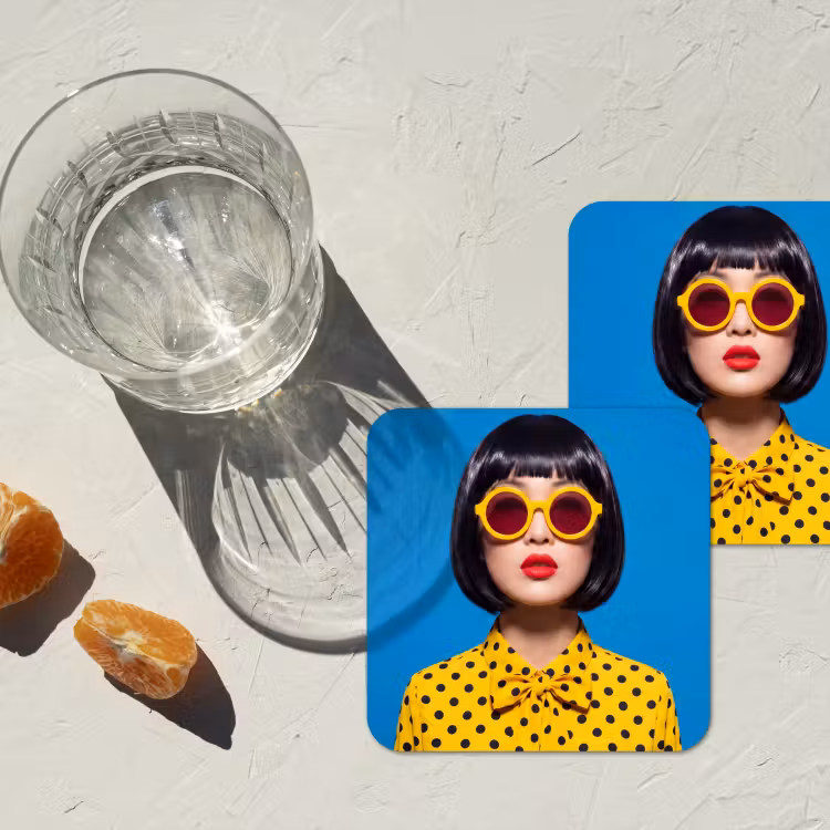 Vrouw - Zonnebril - Pop Art - Portret - Geel onderzetter kurk middel -sfeer4
