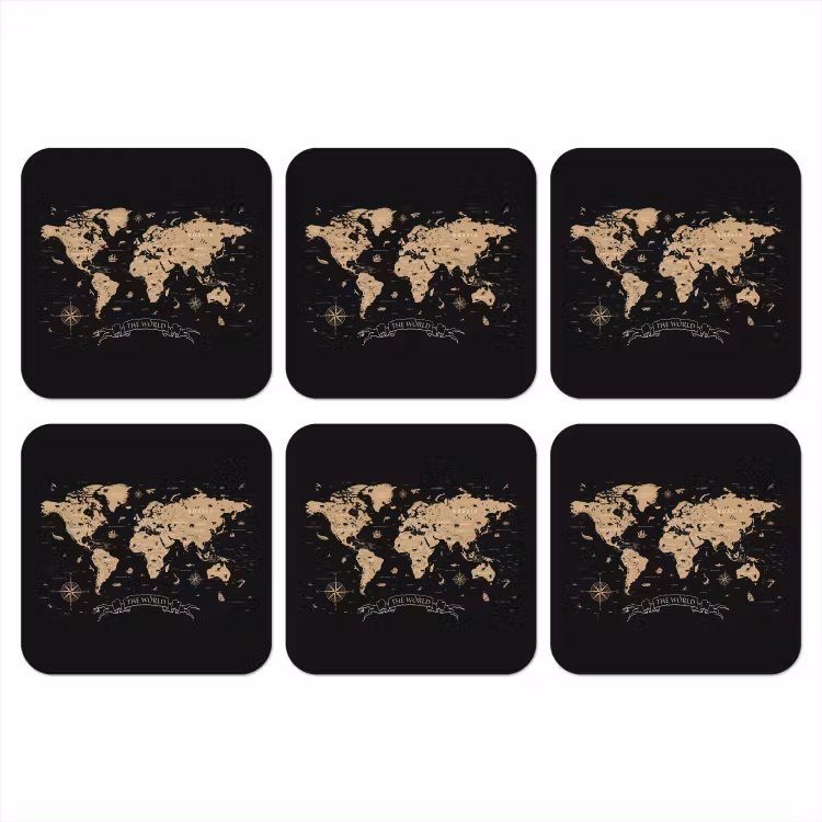 Wereldkaart - Beige - Zwart onderzetter kurk middel -3d