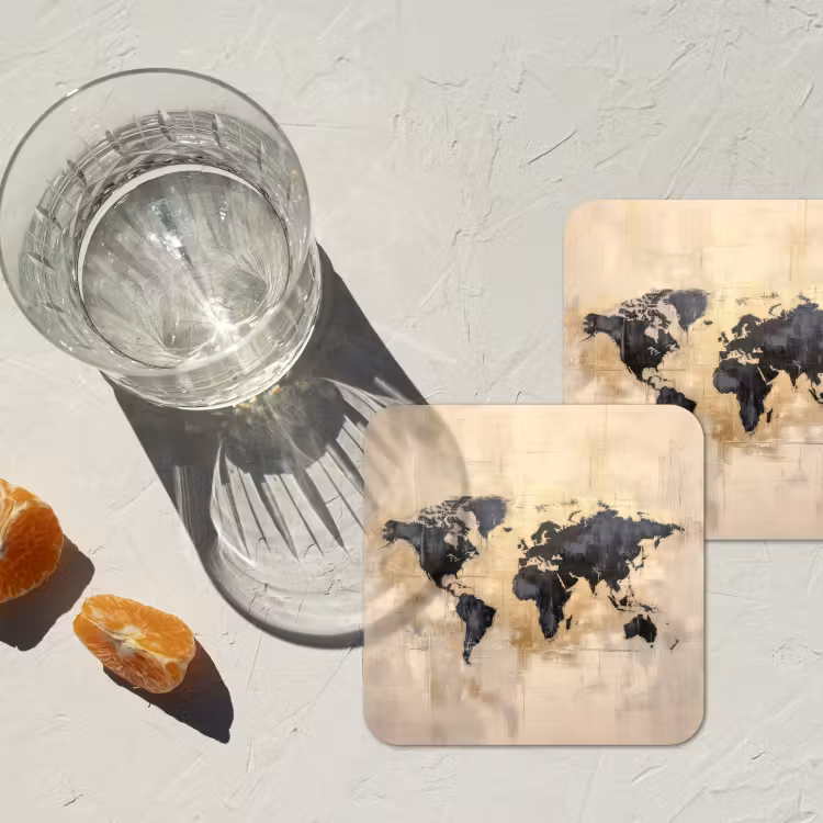 Wereldkaart - Goud - Zwart - Abstract onderzetter kurk middel -sfeer4