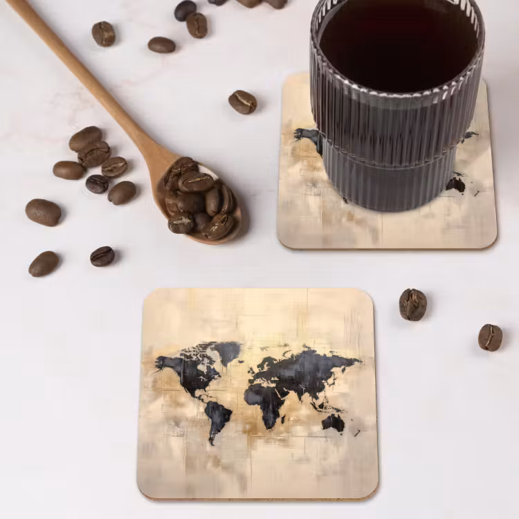 Wereldkaart - Goud - Zwart - Abstract onderzetter kurk middel -sfeer2