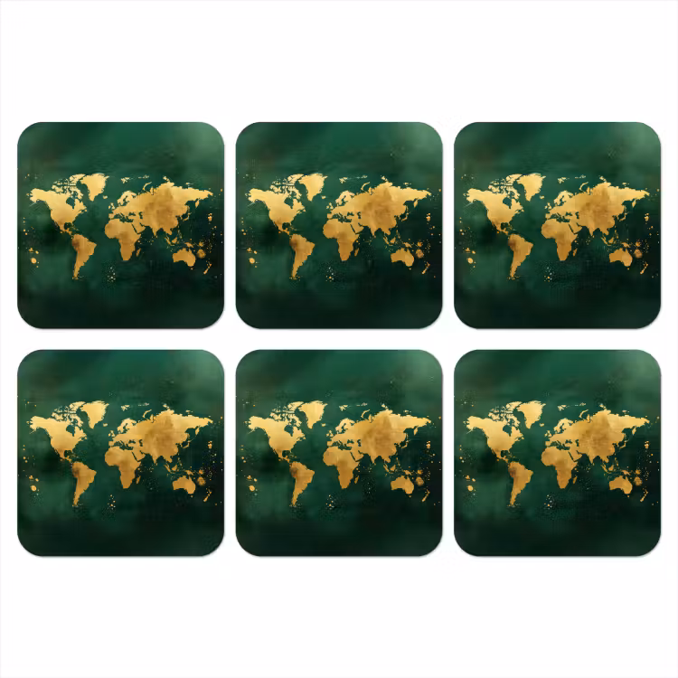 Wereldkaart - Groen - Goud onderzetter kurk middel -3d