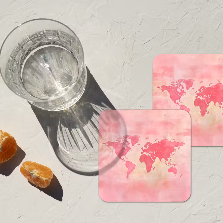 Wereldkaart - Roze - Vaag onderzetter kurk middel -sfeer4