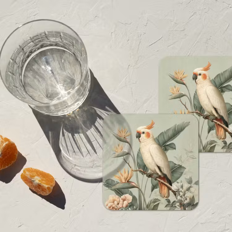 Gele kuifkaketoe - paradijsvogelbloemen - Groen onderzetter kurk middel -sfeer4