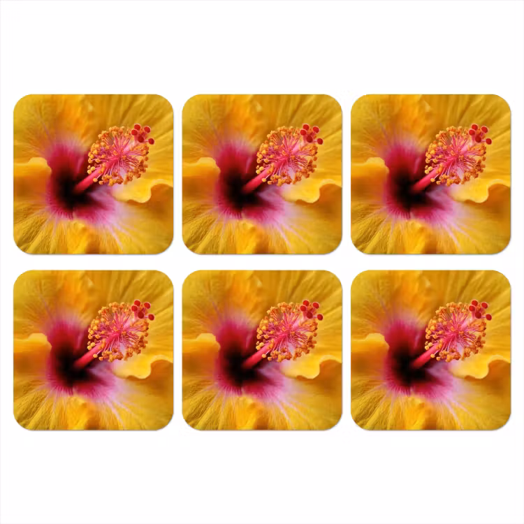 Geel - Hibiscus - Tropisch onderzetter kurk middel -3d