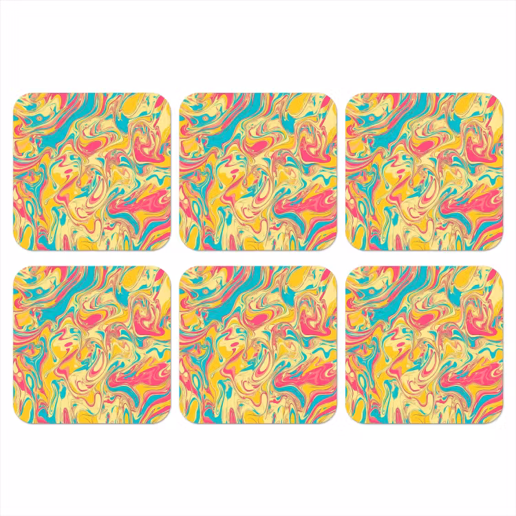 Geel - Roze - Blauw - Retro onderzetter kurk middel -3d