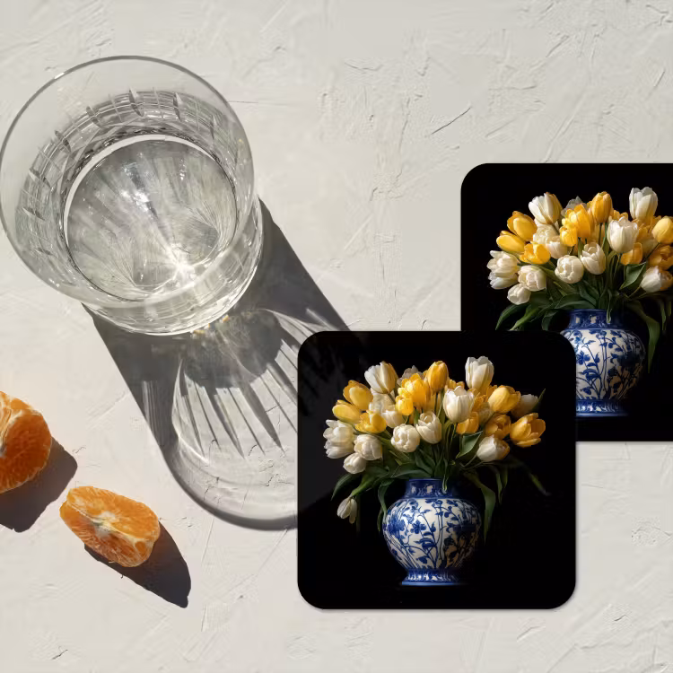 Geel - Tulpen - Vaas - Bloemen onderzetter kurk middel -sfeer4