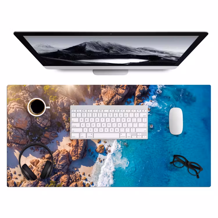 Strand - Zee - Rotsen - Natuur - Blauw Muismat XXL klein -3d