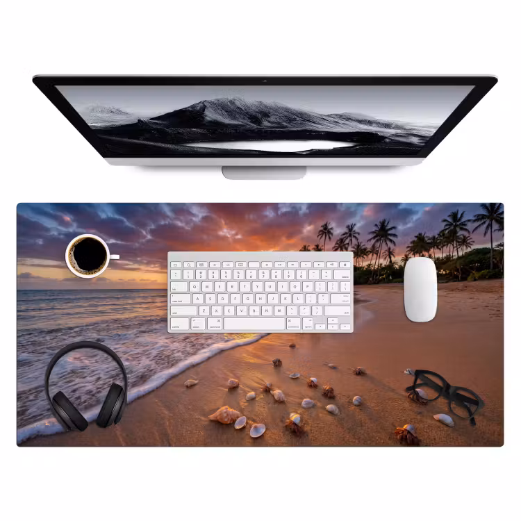 Strand - Zonsondergang - Palmbomen - Natuur - Oranje Muismat XXL klein -3d