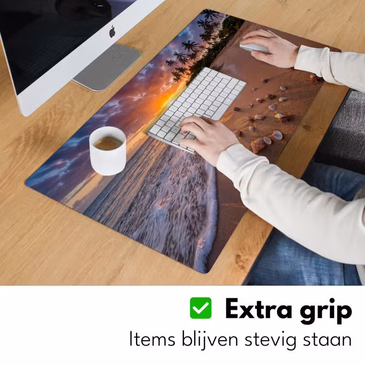 Strand - Zonsondergang - Palmbomen - Natuur - Oranje Muismat XXL klein -sfeer3