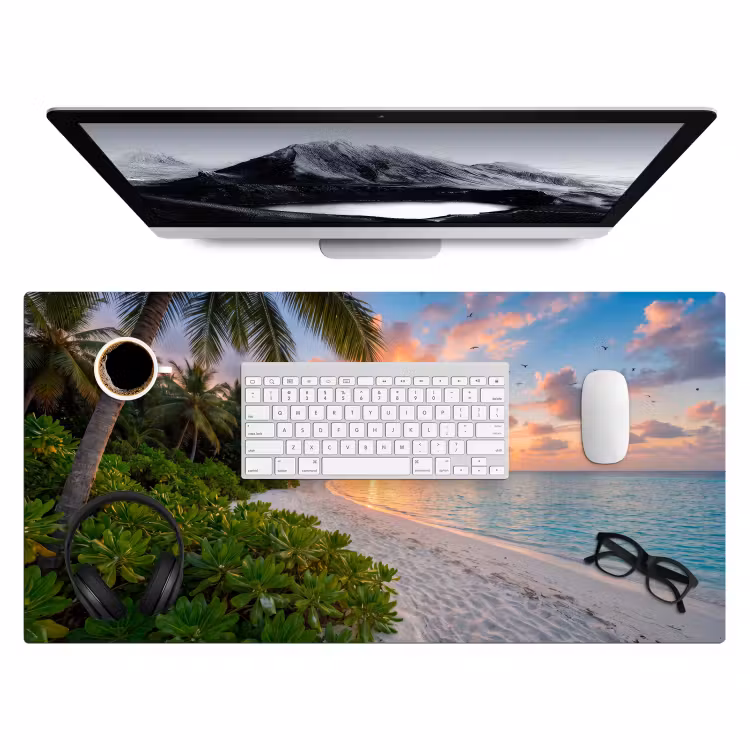 Strand - Zonsondergang - Palmbomen - Tropisch - Natuur Muismat XXL klein -3d