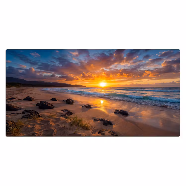 Strand - Zonsondergang - Golven - Natuur - Oranje Muismat XXL klein -3d_leeg